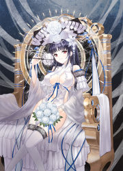 Rule 34 | 1girl, black hair, bouquet, breasts, chun (friendly sky), cleavage, covered erect nipples, flower, kaku-san-sei million arthur, large breasts, long hair, looking at viewer, million arthur (series), navel, original, red eyes, smile, solo, thighhighs