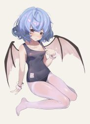Rule 34 | 1girl, absurdres, antyhose under swimsuit, bare shoulders, bat wings, black one-piece swimsuit, blue hair, blush, closed mouth, collarbone, full body, grey background, highres, one-piece swimsuit, pantyhose, pantyhose under swimsuit, red eyes, remilia scarlet, school swimsuit, short hair, simple background, solo, swimsuit, touhou, white pantyhose, wings, wrist cuffs, xinjinjumin