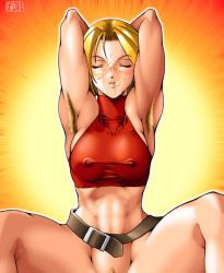 Rule 34 | 1girl, armpit hair, armpits, arms up, belt, blonde hair, blue mary, bottomless, breasts, covered erect nipples, cum, closed eyes, facial, fatal fury, female pubic hair, halterneck, large breasts, muscular, nipples, pubic hair, qkat (arikawa-dou), short hair, snk, solo, spread legs, sweat, the king of fighters