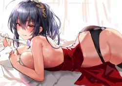 Rule 34 | 1girl, :p, ahoge, ass, azur lane, bare back, bare shoulders, black hair, black panties, blush, breasts, butt crack, champagne flute, cleavage, cocktail dress, cup, denchu (kazudentyu), dress, drinking glass, hair between eyes, hair ornament, highres, large breasts, long hair, looking at viewer, lying, official alternate costume, on stomach, panties, pouring, pouring onto self, red dress, red eyes, solo, taihou (azur lane), taihou (forbidden feast) (azur lane), tongue, tongue out, underwear, very long hair