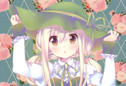 Rule 34 | 1girl, :o, arms up, blonde hair, blush, brooch, brown eyes, buttons, ech, floral background, flower, frilled shirt collar, frilled sleeves, frills, gem, green hat, green ribbon, hair between eyes, hair ornament, hand on headwear, hat, hat ribbon, jewelry, juliet sleeves, leaf hair ornament, long hair, long sleeves, looking at viewer, low twintails, open mouth, original, pink flower, pink rose, puffy sleeves, ribbon, rose, sleeve cuffs, solo, star (symbol), tareme, twintails, upper body