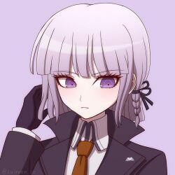 Rule 34 | 1girl, alternate hair length, alternate hairstyle, black gloves, black jacket, black ribbon, black shirt, braid, brown necktie, collared shirt, danganronpa: trigger happy havoc, danganronpa (series), frown, gloves, hair ribbon, hand up, highres, jacket, kirigiri kyoko, necktie, pink background, pink eyes, portrait, ribbon, shirt, short hair, side braid, simple background, solo, suiren yurei, two-tone shirt, watermark, white shirt