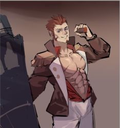 Rule 34 | 1boy, abs, beard, blue eyes, brown hair, cigar, commentary request, epaulettes, facial hair, fate/grand order, fate (series), jacket, kevin krypton, long sideburns, long sleeves, looking at viewer, male focus, military, muscular, napoleon bonaparte (fate), nipples, open clothes, open jacket, pants, pectorals, scar, sideburns, simple background, smile, solo, uniform, weapon