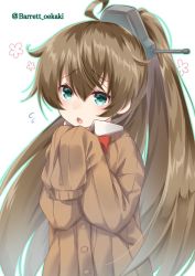 Rule 34 | 1girl, :o, aged down, ahoge, aqua eyes, baretto (firearms 1), blush, bow, bowtie, brown hair, cardigan, flower, hair between eyes, hands up, head tilt, kantai collection, kumano (kancolle), long hair, looking at viewer, open mouth, oversized clothes, own hands together, ponytail, red bow, red bowtie, simple background, sleeves past fingers, sleeves past wrists, solo, twitter username, white background