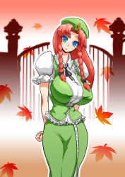 Rule 34 | 1girl, blue eyes, braid, breasts, chinese clothes, female focus, hat, head tilt, highres, histamine c, hong meiling, huge breasts, leaf, long hair, long skirt, outdoors, red hair, skirt, solo, touhou