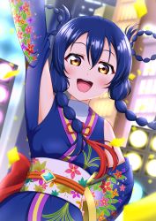 Rule 34 | 1girl, absurdres, angelic angel, arm up, bare shoulders, blue hair, blue kimono, blush, braid, braided hair rings, commentary, floral print, hair between eyes, hair rings, hand on own hip, highres, japanese clothes, kimono, kimono skirt, long hair, looking at viewer, love live!, love live! school idol project, obi, open mouth, sash, smile, sonoda umi, twin braids