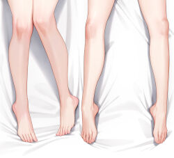 Rule 34 | 1girl, bare legs, barefoot, bed, bed sheet, close-up, commentary request, dakimakura (medium), feet, from above, ichigo-chan (mignon), legs, lying, mignon, multiple views, no shoes, on back, original, thighs, toes