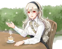 Rule 34 | 1girl, black hairband, blonde hair, chair, corrin (female) (fire emblem), corrin (fire emblem), cosplay, cup, fire emblem, fire emblem: three houses, fire emblem fates, hairband, long hair, long sleeves, nintendo, open mouth, pointy ears, red eyes, robaco, sitting, slit pupils, solo, table, teacup, twitter username, uniform