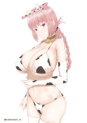 Rule 34 | 1girl, absurdres, animal ears, animal print, bell, bikini, braid, breasts, brown collar, chinese zodiac, closed mouth, collar, commentary request, covered erect nipples, cow ears, cow print, cow print bikini, elbow gloves, fate/grand order, fate (series), fingernails, florence nightingale (fate), gloves, hair tie, hand on own stomach, highres, horns, kadonashi manmaru, large breasts, navel, neck bell, pink eyes, pink hair, print bikini, simple background, solo, strap gap, swimsuit, thighhighs, white background, white thighhighs, year of the ox