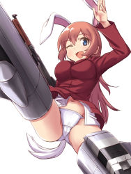 Rule 34 | 1girl, ;d, a9b (louis814), animal ears, blue eyes, blush, breasts, cameltoe, charlotte e. yeager, flying, gun, highres, long hair, long sleeves, looking at viewer, military, military uniform, navel, one eye closed, open mouth, orange hair, panties, rabbit ears, rabbit girl, rabbit tail, simple background, smile, solo, strike witches, striker unit, submachine gun, tail, thompson submachine gun, underwear, uniform, weapon, white background, white panties, world witches series