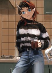 Rule 34 | 1girl, alternate costume, black hair, black sweater, blue eyes, blue pants, breasts, chain, coffee, coffee mug, commentary request, cowboy shot, cup, demon girl, demon horns, demon tail, ear chain, ear piercing, earrings, gin (tttetu123), highres, holding, holding cup, horns, indoors, jewelry, large breasts, looking at viewer, mug, multicolored hair, nanashi inc., open mouth, pants, piercing, pointy ears, red hair, ryugasaki rene, short hair, smile, solo, steam, stove, striped clothes, striped sweater, sugar lyric, sweater, tail, tile wall, tiles, two-tone hair, virtual youtuber