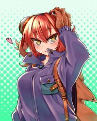 Rule 34 | 1girl, animal hands, backpack, bag, blush, breast pocket, closed mouth, extra eyes, green background, hand up, heart, jacket, long hair, long sleeves, looking at viewer, megame (okbnkn), monster girl, original, pocket, purple jacket, red hair, scales, smile, solo, upper body, yamamo-chan (okbnkn), yellow eyes