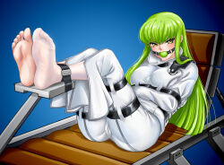 Rule 34 | 1girl, albyee, ball gag, barefoot, blue background, bound, bound arms, bound thighs, breasts, brown eyes, c.c., cameltoe, chair, code geass, commentary, commission, drooling, english commentary, feet, feet up, foot focus, full body, gag, gradient background, green hair, knees up, large breasts, leaning back, long hair, long sleeves, looking at viewer, pants, saliva, sidelocks, single sock, socks, soles, solo, straitjacket, toenails, toes, white pants, white socks