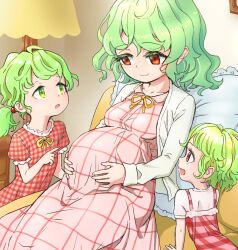 Rule 34 | 3girls, big belly, child, commentary, commentary request, commission, couch, dress, frills, gingham dress, green eyes, green hair, hands on own stomach, kazami yuuka, lamp, maternity dress, mother and daughter, motherly, multiple girls, open mouth, overshirt, pillow, plaid, plaid dress, pointing, pointing at another, pregnant, red dress, red eyes, ribbon, s-a-murai, shirt, short hair, short ponytail, sitting, skeb commission, smile, touhou, white shirt, yellow ribbon