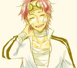 Rule 34 | 1boy, bandages, koby (one piece), eyewear on head, mako1124, male focus, military, military uniform, one piece, open clothes, open shirt, pink hair, shirt, smile, solo, uniform
