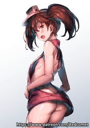 Rule 34 | 10s, 1girl, alternate costume, arched back, ass, backless dress, backless outfit, bare back, breasts, brown eyes, brown hair, butt crack, cowboy shot, dress, fang, from behind, from side, halterneck, kantai collection, long hair, looking at viewer, meme attire, naked sweater, nipple slip, nipples, no bra, no panties, redcomet, ryuujou (kancolle), small breasts, solo, sweater, sweater dress, thighs, turtleneck, turtleneck sweater, twintails, virgin killer sweater, visor cap, watermark, web address