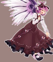 Rule 34 | 1girl, animal ears, bow, closed eyes, dress, fang, female focus, fingernails, hat, highres, long fingernails, mana (gooney), mystia lorelei, open mouth, pink hair, short hair, simple background, smile, solo, tan background, touhou, wings