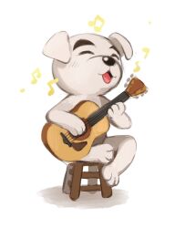 Rule 34 | 1boy, :d, ^ ^, acoustic guitar, animal crossing, beamed eighth notes, closed eyes, commentary, dog boy, eighth note, english commentary, full body, furry, furry male, guitar, highres, holding, holding instrument, instrument, k.k. slider (animal crossing), male focus, music, musical note, nintendo, on stool, open mouth, playing instrument, simple background, singing, sitting, smile, solo, stool, syertse, white background