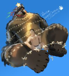 Rule 34 | 2boys, abs, absurdres, animal ear fluff, animal ears, bara, black eyes, black fur, black hair, boogbogex, boxers, brown eyes, brown fur, bulge, chest hair, christmas ornaments, christmas tree costume, christmas tree hair ornament, couple, dog boy, dog ears, dog tail, full body, furry, furry male, furry with non-furry, giant, giant male, hair ornament, head tilt, highres, interspecies, large pectorals, leaning on person, looking at another, male focus, male underwear, multiple boys, muscular, navel, nipples, orange fur, original, pectorals, sharp teeth, short hair, sideburns, simple background, size difference, tail, teeth, thick thighs, thighs, underwear, underwear only, whiskers, white fur, yaoi