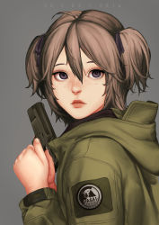 Rule 34 | 1girl, 2016, absurdres, ahoge, artist name, black ribbon, brown hair, dated, facing viewer, from side, green jacket, grey background, grey eyes, gun, hair between eyes, hair ribbon, handgun, highres, holding, holding gun, holding weapon, jacket, lips, long sleeves, looking at viewer, nose, original, pavarit songsomboon, pistol, ribbon, short hair, sig sauer, simple background, solo, two side up, upper body, weapon