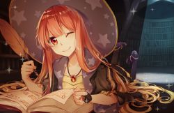 Rule 34 | 1girl, atelier (series), atelier escha &amp; logy, book, bookshelf, commentary request, gloves, hat, jewelry, library, long hair, looking at viewer, lying, necklace, on stomach, one eye closed, quill, red eyes, red hair, san+, single glove, smile, solo, sparkle, wilbell voll-ersleid, witch hat