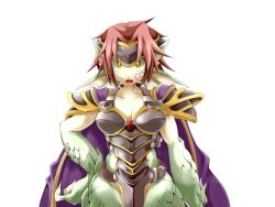 Rule 34 | 1girl, animal ears, arm tattoo, armor, black armor, bmp-to-png conversion, breasts, cape, cleavage, colored skin, constricted pupils, cowboy shot, dragon ears, dragon girl, facial tattoo, fins, forehead protector, frfr, game cg, granberia, green skin, hair intakes, hand on own hip, head fins, looking at viewer, medium breasts, mon-musu quest!, monster girl, multicolored skin, neck tattoo, non-web source, open mouth, pointy ears, purple cape, red hair, scales, short hair, shoulder armor, simple background, solo, surprised, tattoo, transparent background, two-tone skin, wide hips, yellow eyes, yellow skin