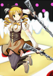 Rule 34 | 10s, 1girl, beret, blonde hair, boots, breasts, brown thighhighs, detached sleeves, drill hair, dual wielding, fingerless gloves, gloves, gun, hair ornament, hairpin, hat, highres, holding, large breasts, magical girl, magical musket, mahou shoujo madoka magica, mahou shoujo madoka magica (anime), maimai, miamai, pleated skirt, puffy sleeves, ribbon, rifle, ryuuryou, skirt, solo, striped clothes, striped thighhighs, thighhighs, tomoe mami, tomoe mami (magical girl), twin drills, twintails, vertical-striped clothes, vertical-striped thighhighs, weapon, witch&#039;s labyrinth, yellow eyes, zettai ryouiki