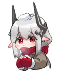 Rule 34 | 1girl, arknights, breath, brown coat, chibi, closed mouth, coat, commentary, cropped torso, ear piercing, english commentary, grey hair, hair between eyes, highres, horns, long hair, long sleeves, mittens, mudrock (arknights), piercing, pointy ears, polyvora, red eyes, red mittens, red scarf, scarf, simple background, snow on head, solo, upper body, white background