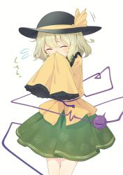 Rule 34 | 1girl, black hat, blouse, blush, bow, closed eyes, commentary request, covering own mouth, eyelashes, floral print, flying sweatdrops, frilled shirt collar, frilled sleeves, frills, green hair, green skirt, hat, hat bow, hat ribbon, heart, heart of string, highres, kanpa (campagne 9), komeiji koishi, light green hair, long sleeves, ribbon, rose print, shirt, short hair, sidelocks, simple background, skirt, sleeves past fingers, sleeves past wrists, sneezing, solo, standing, string, third eye, touhou, translation request, white background, wide sleeves, yellow bow, yellow ribbon, yellow shirt