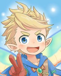 Rule 34 | 1boy, aged down, blonde hair, blue eyes, blush, child, collarbone, fairy, frown, gem, gloves, hood, hood down, looking at viewer, male focus, open mouth, original, outdoors, pointy ears, red gloves, sky, solo, solo focus, spiked hair, tjugemu, tongue, transparent wings, v, wings