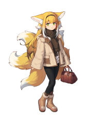 Rule 34 | 1girl, absurdres, alternate costume, animal ear fluff, animal ears, arknights, bag, black pantyhose, blush, boots, brown bag, brown footwear, brown hairband, brown jacket, brown scarf, cat-quest-sun, chinese commentary, closed mouth, colored tips, commentary request, fox ears, fox girl, fox tail, full body, fur-trimmed boots, fur trim, hairband, highres, holding, holding bag, jacket, kitsune, kyuubi, long hair, long sleeves, looking at viewer, multicolored hair, multiple tails, pantyhose, scarf, simple background, sleeves past wrists, smile, solo, standing, suzuran (arknights), tachi-e, tail, two-tone hair, white background, white hair, wide sleeves