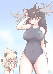 Rule 34 | 2girls, :3, alternate costume, animal ears, antlers, big hair, bikini, black one-piece swimsuit, blonde hair, blush, brown eyes, brown hair, commentary request, cowboy shot, extra ears, fang, hands on own face, heart, highres, horns, japari symbol, kemono friends, lion (kemono friends), lion ears, lion girl, lion tail, long hair, moose (kemono friends), moose ears, moose girl, moose tail, multiple girls, one-piece swimsuit, open mouth, plaid, plaid bikini, red bikini, sky, swimsuit, tail, uho (uhoyoshi-o)