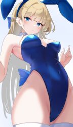 Rule 34 | 1girl, absurdres, animal ears, bare shoulders, blonde hair, blue archive, blue eyes, blue hairband, blue leotard, bow, braid, breasts, closed mouth, covered navel, detached collar, fake animal ears, hair bow, hairband, hands up, highleg, highleg leotard, highres, leotard, long hair, looking at viewer, medium breasts, official alternate costume, official alternate hairstyle, playboy bunny, rabbit ears, solo, thighhighs, thighs, toki (blue archive), toki (bunny) (blue archive), very long hair, white thighhighs, wrist cuffs, yue3621