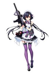 Rule 34 | 1girl, bare shoulders, belt, black gloves, black hair, buckle, counter:side, full body, gas mask, gloves, gun, hair between eyes, holding, holding gun, holding weapon, lily (counter:side), long hair, looking at viewer, maid, maid headdress, mask, official art, purple thighhighs, red eyes, simple background, snap-fit buckle, striped clothes, striped thighhighs, thighhighs, utility belt, vertical-striped clothes, vertical-striped thighhighs, weapon, white background