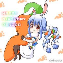 Rule 34 | 1girl, animal ear fluff, animal ears, blue hair, bow, brown gloves, brown pantyhose, carrot hair ornament, character name, closed mouth, commentary request, detached sleeves, don-chan (usada pekora), dress, drill hair, food-themed hair ornament, full body, fur-trimmed dress, fur-trimmed gloves, fur trim, gloves, hair between eyes, hair bow, hair ornament, happy birthday, hololive, hugging object, mitya, multicolored hair, pantyhose, puffy short sleeves, puffy sleeves, rabbit-shaped pupils, rabbit ears, rabbit tail, red eyes, short eyebrows, short sleeves, smile, strapless, strapless dress, stuffed carrot, stuffed toy, symbol-shaped pupils, thick eyebrows, twin drills, twintails, twitter username, two-tone hair, usada pekora, usada pekora (1st costume), virtual youtuber, white background, white bow, white dress, white hair, white sleeves