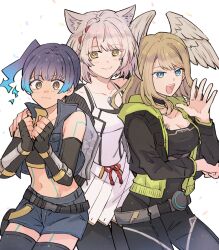 Rule 34 | :d, bare shoulders, black bodysuit, black gloves, black jacket, black shorts, black thighhighs, black vest, blue eyes, blue hair, blush, bodysuit, breasts, brown eyes, brown hair, cleavage, closed mouth, collarbone, commentary, crop top, dress, eunie (xenoblade), feathered wings, fingerless gloves, gloves, gradient hair, grey hair, grey wings, hands up, head wings, hood, hood down, hooded jacket, jacket, medium breasts, mio (xenoblade), multicolored hair, navel, open clothes, open jacket, open mouth, own hands together, pleated dress, purple hair, sena (xenoblade), short shorts, shorts, side ponytail, simple background, smile, sudachips, teeth, thighhighs, upper teeth only, vest, white background, white dress, wings, xenoblade chronicles (series), xenoblade chronicles 3