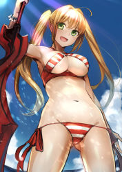 Rule 34 | 1girl, :d, ahoge, akechi shizuku, bikini, blonde hair, breasts, cleavage, cloud, day, duplicate, fate/grand order, fate (series), gluteal fold, green eyes, hair intakes, halterneck, highres, holding, holding sword, holding weapon, navel, nero claudius (fate), nero claudius (fate) (all), nero claudius (swimsuit caster) (fate), open mouth, side-tie bikini bottom, sideboob, sky, smile, solo, swimsuit, sword, twintails, weapon