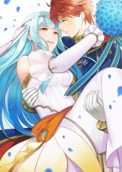 Rule 34 | 1boy, 1girl, aym (ash3ash3ash), bad id, bad twitter id, bare shoulders, blue eyes, blue hair, bride, cape, carrying, closed eyes, dress, eliwood (fire emblem), eliwood (valentine) (fire emblem), fire emblem, fire emblem: the blazing blade, fire emblem heroes, formal, gloves, hair ornament, jewelry, long hair, necklace, ninian, nintendo, pointy ears, princess carry, red hair, short hair, simple background, smile, strapless, wedding dress, white dress, white gloves