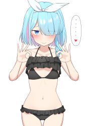 Rule 34 | ..., 1girl, akahi242, arona (blue archive), bare shoulders, bikini, black bikini, blue archive, blue eyes, blue hair, blush, closed mouth, collarbone, frilled bikini, frills, hair over one eye, hair ribbon, hairband, hands up, heart, highres, lifted by self, multicolored hair, navel, ribbon, simple background, solo, speech bubble, spoken ellipsis, spoken heart, string bikini, swimsuit, thigh gap, white background