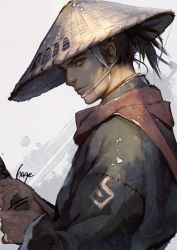 Rule 34 | black hair, genji (overwatch), hage2013, hat, japanese clothes, kimono, male focus, overwatch, overwatch 1, ponytail, sae (revirth), scarf, straw hat, sword, weapon