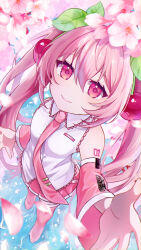 Rule 34 | 1girl, blush, boots, cherry blossoms, cherry hair ornament, collared shirt, detached sleeves, food-themed hair ornament, foreshortening, from above, hair ornament, hatsune miku, highres, long hair, long sleeves, looking at viewer, pink eyes, pink hair, pleated skirt, sakura miku, shirt, skirt, sleeveless, sleeveless shirt, smile, solo, thigh boots, twintails, usami (usamilia8127), very long hair, vocaloid, water