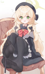 1girl absurdres black_pantyhose blonde_hair blue_archive blush feet green_eyes hat highres long_hair looking_at_viewer open_mouth pantyhose professor_niyaniya_(blue_archive) sia233333 soles toes