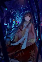 Rule 34 | 1girl, absurdres, bamboo, bamboo forest, black hair, blurry, bow, branch, brown eyes, depth of field, forest, highres, hime cut, houraisan kaguya, japanese clothes, jeweled branch of hourai, long hair, nature, night, qin xin, solo, touhou, wide sleeves