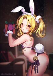 Rule 34 | 1girl, animal ears, armpits, arms up, ass, bikini, black bikini, blonde hair, breasts, christina (princess connect!), fake animal ears, fake tail, from side, gift, gloves, highres, leaning forward, long hair, looking at viewer, princess connect!, purple gloves, rabbit ears, rabbit tail, side-tie bikini bottom, small breasts, solo, swimsuit, tail, thighs, twintails, unidentified nk, yellow eyes