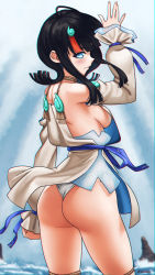Rule 34 | 1girl, ass, back, bare shoulders, black hair, blue eyes, blue ribbon, blush, breasts, dress, fate/grand order, fate/requiem, fate (series), fundoshi, highres, japanese clothes, jewelry, large breasts, long sleeves, looking at viewer, magatama, magatama hair ornament, magatama necklace, medium hair, multicolored hair, necklace, pelvic curtain, pink hair, puffy long sleeves, puffy sleeves, ribbon, shinsaku (stan-art), short dress, sideboob, sideless outfit, smile, solo, streaked hair, thighs, utsumi erice, wading, water, white dress