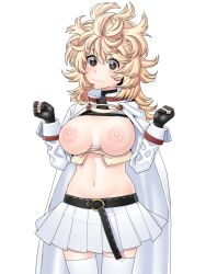 Rule 34 | 1girl, aosode, belt, black gloves, blonde hair, breasts, cape, fingerless gloves, gloves, large breasts, long hair, looking at viewer, mamayuyu, messy hair, navel, nipples, simple background, skirt, solo, standing, thighhighs, tongue, tongue out, white background, white cape, white skirt, white thighhighs, wool pool elysia