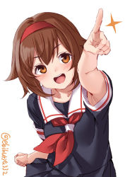 1girl :d armpit_peek black_serafuku black_skirt blush brown_eyes brown_hair cowboy_shot ebifurya hair_between_eyes hairband highres kantai_collection looking_at_viewer neckerchief open_mouth pleated_skirt pointing pointing_up red_hairband red_neckerchief school_uniform serafuku shiratsuyu_(kancolle) short_hair short_sleeves simple_background skirt smile solo sparkle twitter_username up_sleeve white_background