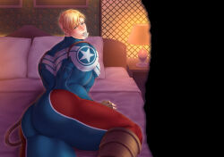 Rule 34 | 1boy, ass, bara, bed, blonde hair, blue bodysuit, blush, bodysuit, brown gloves, captain america, captain america (series), condom, condom in mouth, covered erect nipples, gloves, indoors, large pectorals, looking at viewer, male focus, marvel, mouth hold, multicolored bodysuit, multicolored clothes, muscular, muscular male, mxsxe, on bed, pectorals, red bodysuit, short hair, solo, steve rogers, thick thighs, thighs, white bodysuit