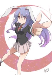 Rule 34 | 1girl, animal ears, rabbit ears, crescent, dated, finger gun, highres, jacket, long hair, long sleeves, looking at viewer, necktie, outstretched arms, pink eyes, purple hair, red eyes, reisen udongein inaba, shirt, signature, skirt, solo, sparkle, touhou, vest, white background, yutamaro