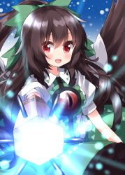 Rule 34 | 1girl, arm cannon, bird wings, black hair, black wings, blush, bow, collared shirt, feathered wings, frilled skirt, frills, green bow, green skirt, hair between eyes, hair bow, highres, long hair, open mouth, puffy short sleeves, puffy sleeves, red eyes, reiuji utsuho, ruu (tksymkw), shirt, short sleeves, skirt, smile, solo, third eye, touhou, weapon, white shirt, wings